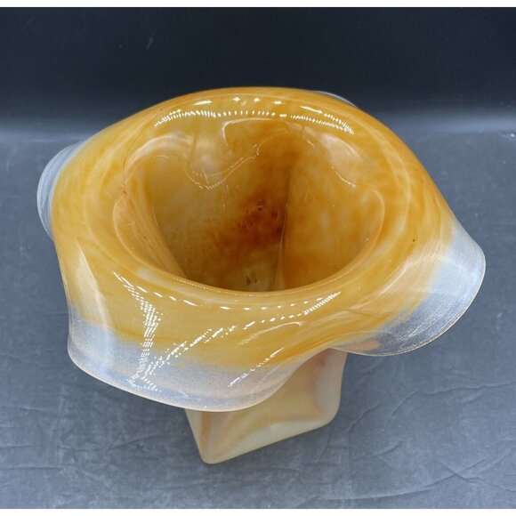 VTG Brown Swirl Frosted Glass Handkerchief Top Vase Glass Art Made In Poland - Picture 2 of 8